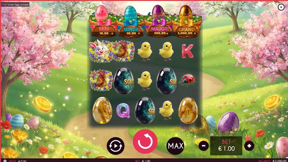 Tampilan visual slot Easter Eggs Jackpot dengan tema musim semi dan telur Paskah