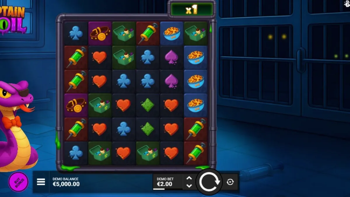 Tampilan visual slot Captain Coil dengan tema laboratorium steampunk dan ular ilmuwan.