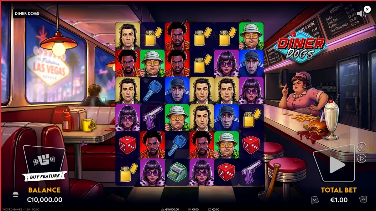 Tampilan visual slot Diner Dogs dengan nuansa noir 1950-an dan elemen kriminal