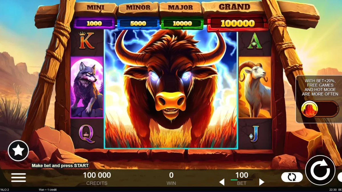 Tampilan visual mesin slot Big Wild Buffalo 2 dengan latar belakang padang gurun.